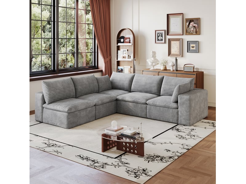  Canapé d'angle modulaire tcqpz 5 places 260 x 250 cm velours côtelé coussins amovibles sans montage gris foncé  - Conforama E
