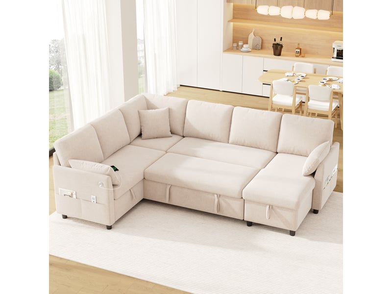 Canapé d’angle modulable 6 places 255x196x85 cm convertible avec coffre en métal et bois couleur beige, design moderne - Conforama D