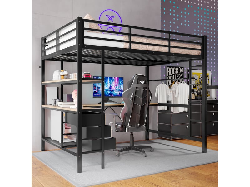 Lit mezzanine 140 x 200 cm, bureau, 3 tiroirs, éclairage led, prise usb, métal-mdf, avec télécommande, noir, sans matelas - Conforama W