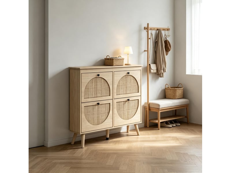  Meuble à chaussures 105 x 24 x 97,5 cm en panneaux de particules et rotin avec 4 compartiments rabattables couleur bois naturel chicfurn  - Conforama B