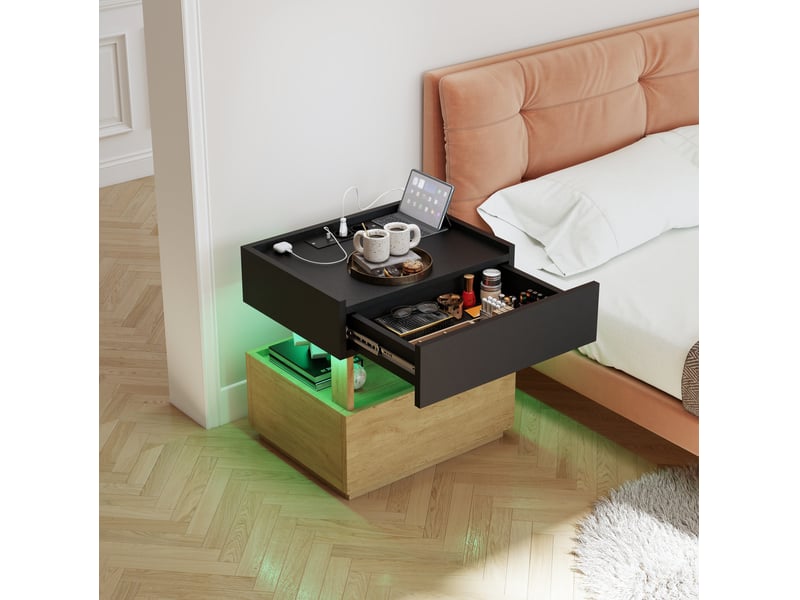  Table de chevet intelligente 50 x 40 x 50 cm, charge sans fil, led, 2 tiroirs noir bois  - Conforama E