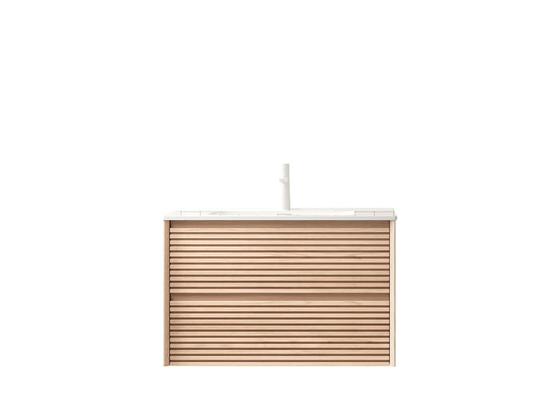 Meuble rangement salle de bain 81 cm deux tiroirs céramique blanc noyer naturel homvra - Conforama A