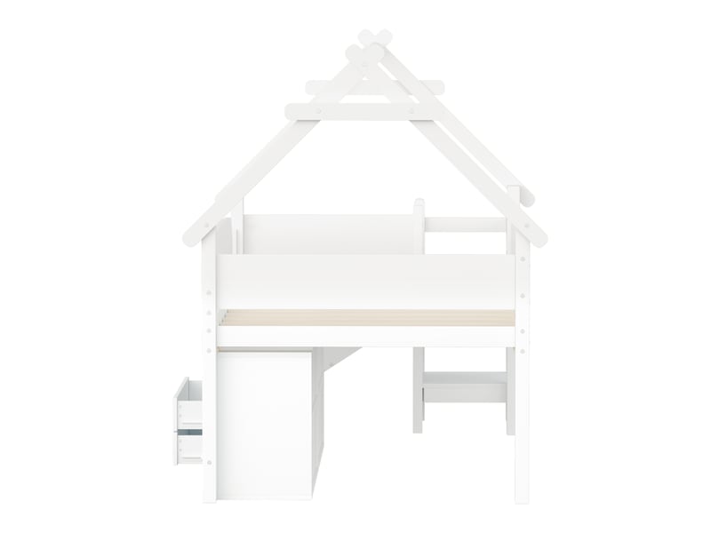  Lit mezzanine enfant bois massif blanc 90x200 cm, toit, toboggan, tiroirs et espace de jeu  - Conforama E