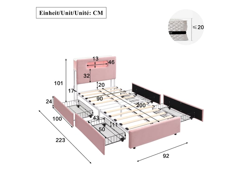  Lit enfant 90x200 cm en velours rose, 4 tiroirs, tête de lit avec rangement ouvert et led pilotable, sans matelas  - Conforama C