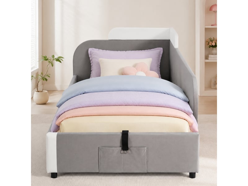  Lit coffre enfant simple avec rangement hydraulique, poche et barrière rembourrée, 90×200 cm, sans matelas  - Conforama B