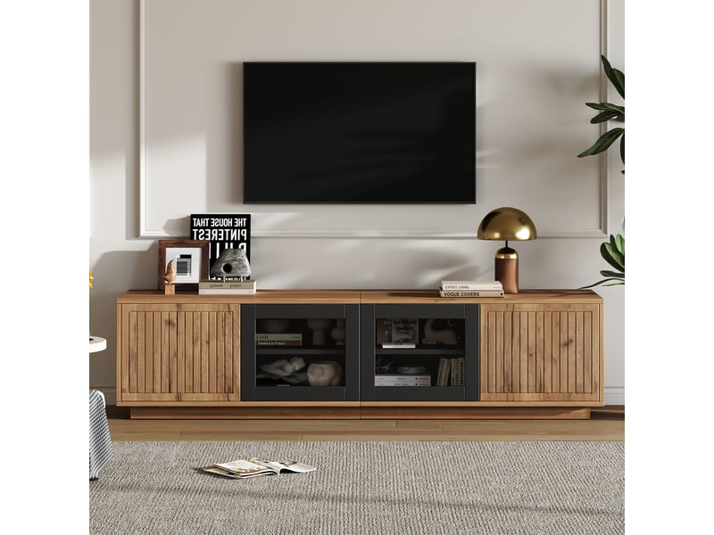  Meuble tv 180 cm pour écran jusqu'à 75 pouces avec led, bois naturel et noir  - Conforama D