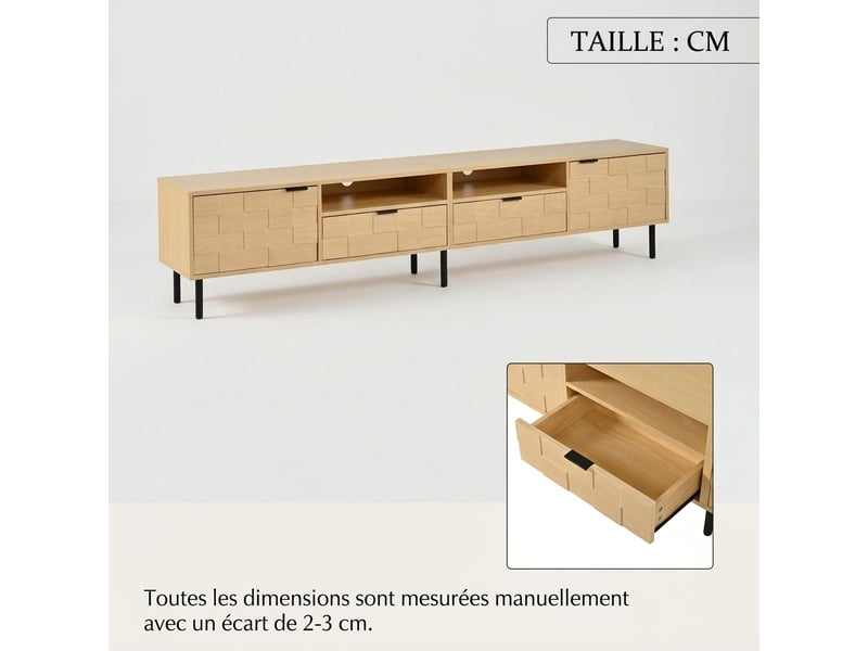 Meuble tv bois naturel 200 cm avec 2 tiroirs et 2 portes, pour tv jusqu'à 80 pouces, style japonais - Conforama C