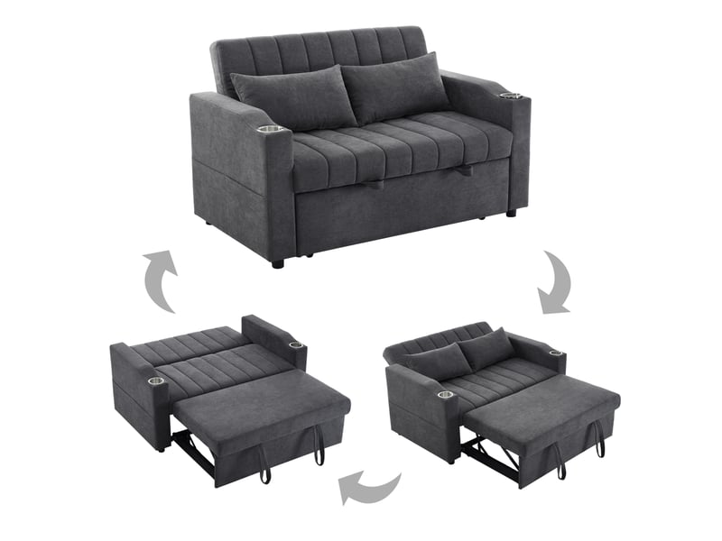  Canapé-lit 2 places 136 x 162 cm – gris – dossier réglable 3 positions, porte-gobelets et coussins  - Conforama D