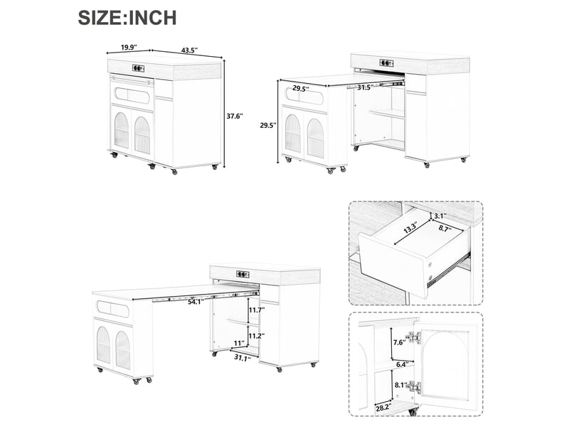  Îlot de cuisine 110.5x50.5x95.5 cm extensible à roulettes mdf blanc et noyer  - Conforama E