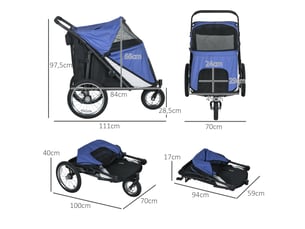 Poussette pliable pour  111 x 70 x 97,5 cm – bleue – roues en caoutchouc, laisse et rangement