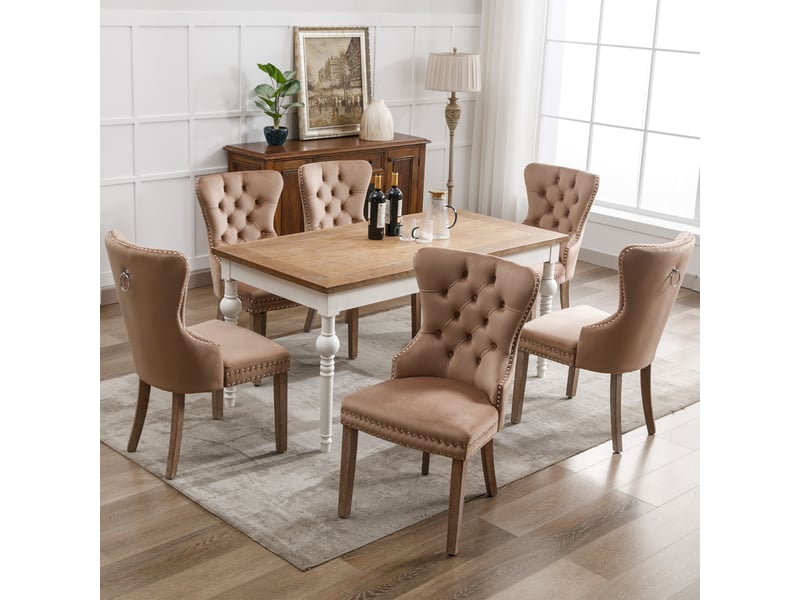 Lot de 6 chaises de salle à manger velours brun, dossier à moulures, pieds en bois massif, style élégant moderne  - Conforama B