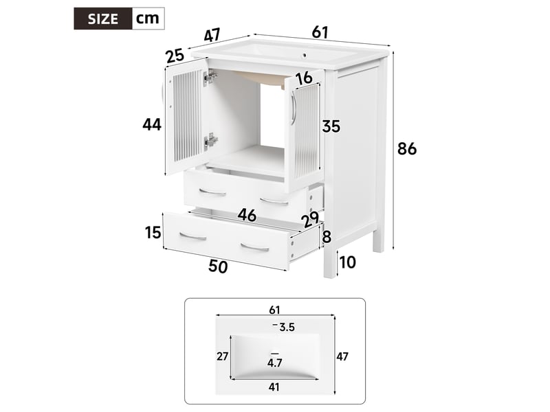 Meuble vasque blanc brillant 61 cm avec lavabo céramique, portes en verre et tiroirs - Conforama C