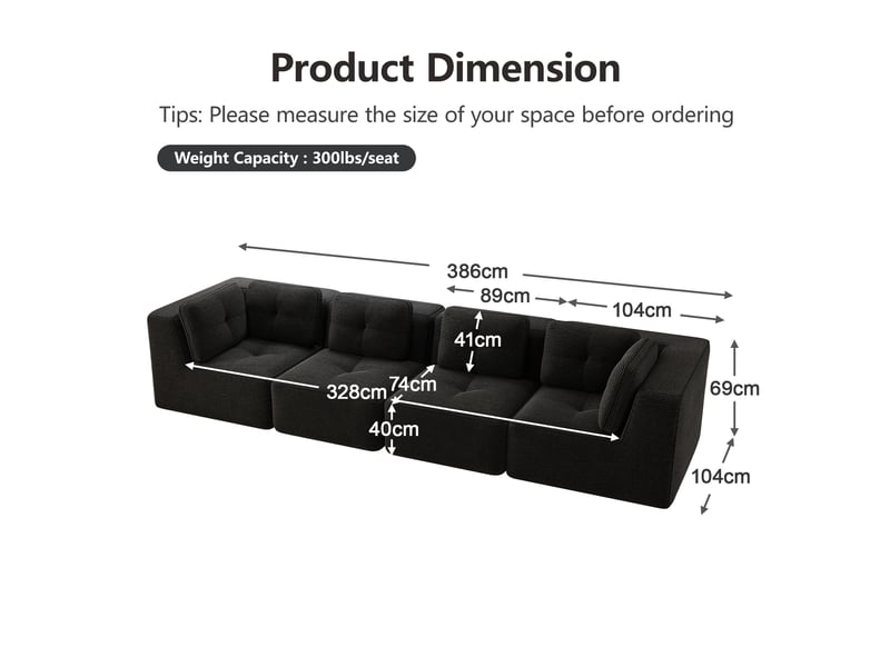  Canapé d'angle modulaire avec assise profonde, dossier confortable, base antidérapante en corduroy noir  - Conforama E