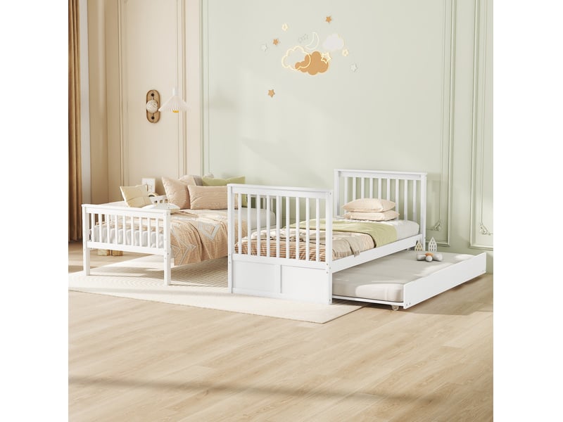  Lit superposé 90x200 cm avec lit gigogne bois mdf blanc sans matelas  - Conforama B