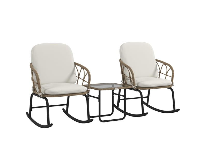  Salon de jardin 3 pièces jaune en rotin pe, 2 fauteuils à bascule avec table basse et housses amovibles  - Conforama A
