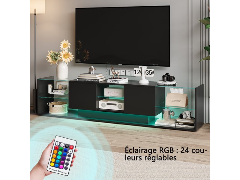  Meuble tv led 200x35x45cm - design nordique avec rangement verre trempé et télécommande app - noir brillant  - Conforama D