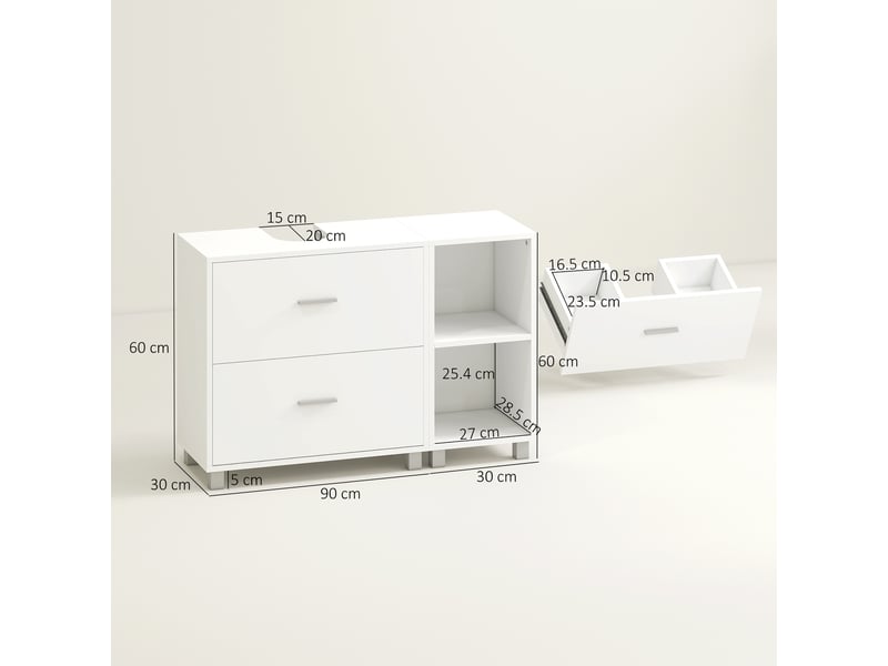  Meuble sous lavabo pour vasque suspendue sans colonne, 2 tiroirs, étagères, blanc, 90 cm  - Conforama E