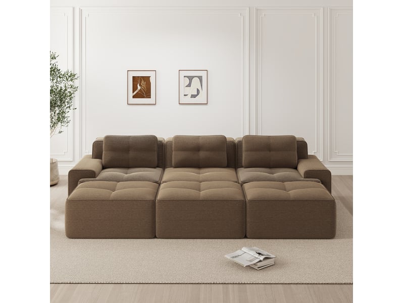  Canapé d’angle modulable convertible 3 places en velours côtelé marron avec 3 poufs  - Conforama B