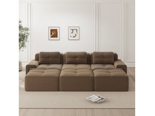 Canapé d’angle modulable convertible 3 places en velours côtelé marron avec 3 poufs
