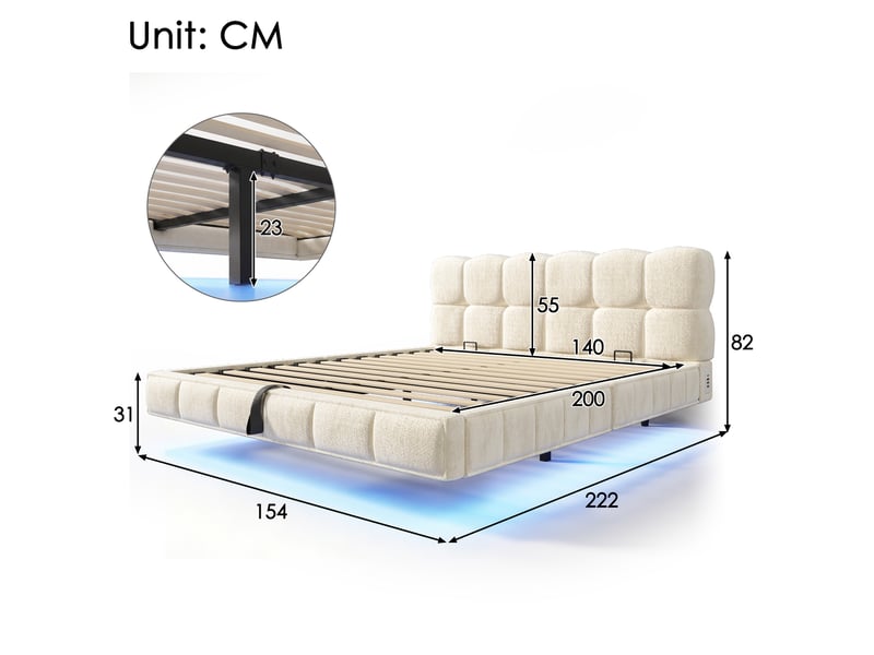 Lit double 140 × 200 cm avec coffre hydraulique, led, ports usb et type-c, en chenille beige pour chambre - Conforama C
