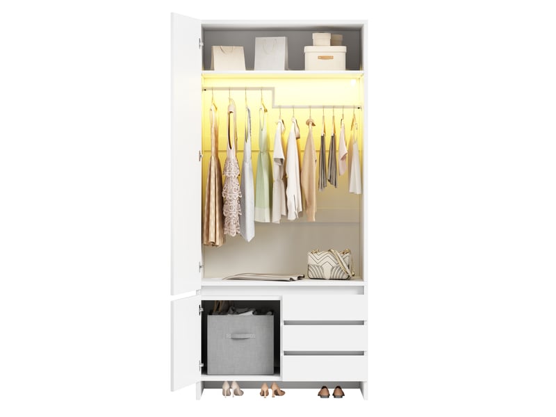  Armoire dressing 90x50x200 cm avec led, penderie, panier à linge intégré, 3 tiroirs, compartiment supérieur, mdf et panneaux de particules blancs  - Conforama A