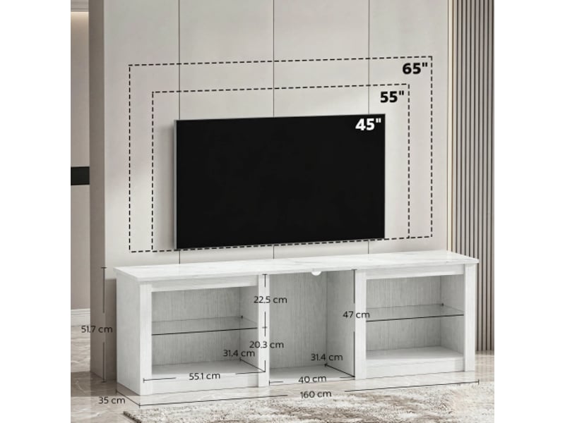 Meuble tv led 160 cm - écran jusqu’à 70 pouces, étagères en verre réglables - Conforama C