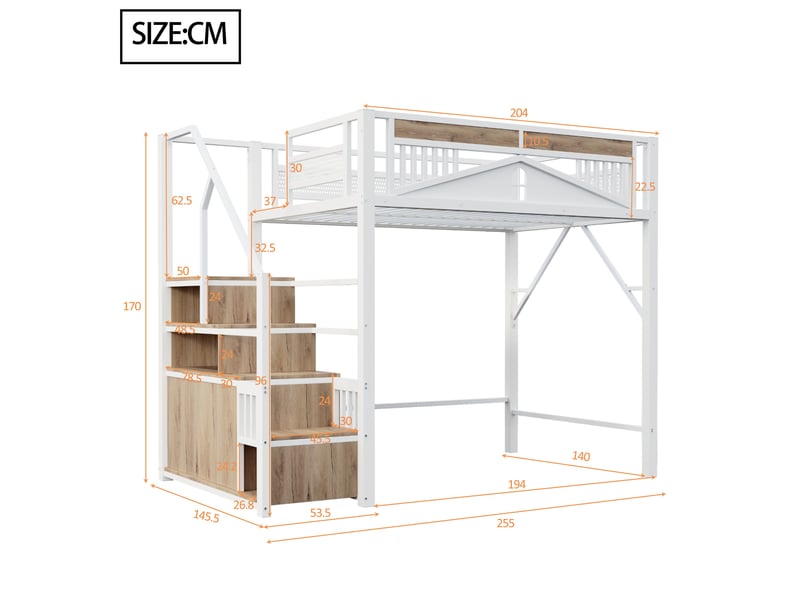 Lit mezzanine blanc 140x200cm avec escalier rangement, fenêtre, sécurité renforcée, gain de place - fer et mdf - pour enfant ado  - Conforama E