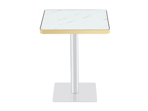 Table à manger carrée avec plateau effet marbre blanc, bord doré, piètement en métal