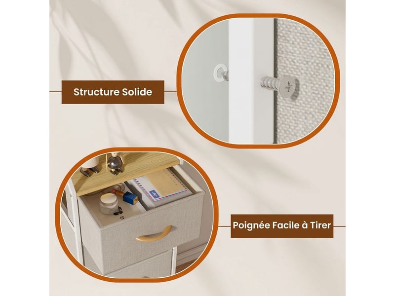  Commode haute quatre tiroirs tissu meuble rangement 98 cm blanc beige  - Conforama B