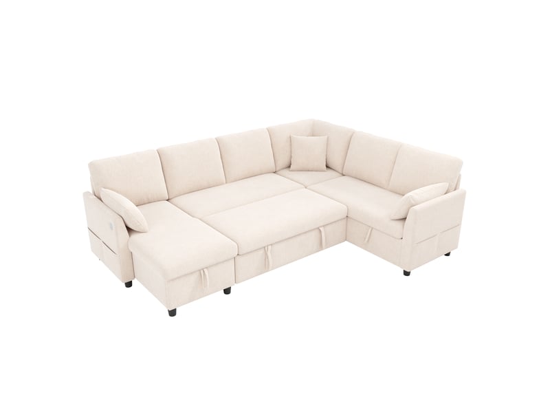  Canapé d'angle convertible 6 places 255x196x85 cm avec méridienne réversible, coffre de rangement, usbtype-c, 3 coussins - beige Bliss Lite - Conforama A