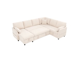Canapé d'angle convertible 6 places 255x196x85 cm avec méridienne réversible, coffre de rangement, usbtype-c, 3 coussins - beige