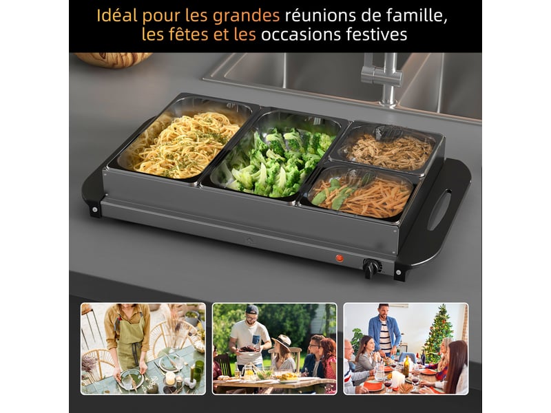 Chauffe-plats électrique acier inoxydable 300 w capacité 2 x 2,4 l et 2 x 1 l plaque chauffante et réglable températur - Conforama A