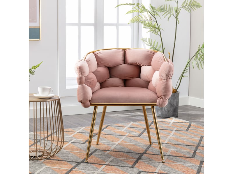  Lot de 2 fauteuils d'appoint rembourrés avec accoudoirs et pieds en métal doré pour coiffeuse en velours rose  - Conforama E