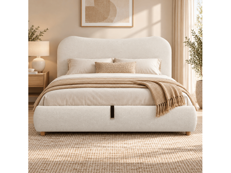  Lit coffre double 180 x 200 cm blanc bouclé avec tête de lit et sommier à lattes  - Conforama D