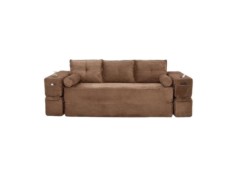  Canapé-lit 3 places 232x98x80 cm avec 3 coussins, poches latérales et porte-gobelet, pour salon, velours côtelé, marron  - Conforama A