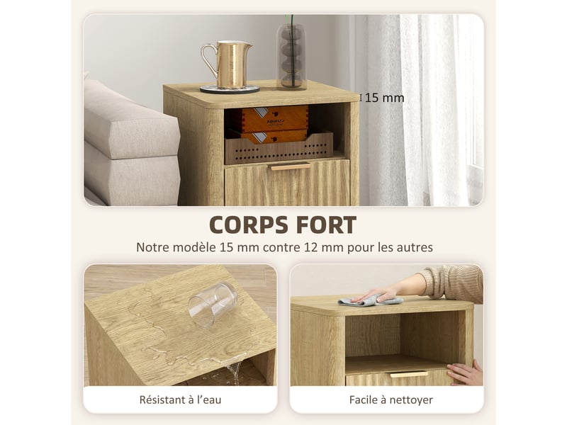  Lot de 2 tables de chevet, tables de nuit avec 2 tiroirs et compartiment ouvert, coins arrondis, chêne, 40 x 40 x 61 cm  - Conforama E