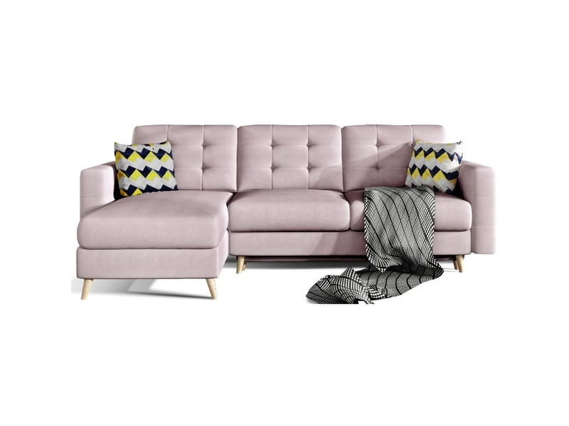  Canapé d'angle convertible hasgard 3 places rose 248x162 cm – coffre et pieds bois  - Conforama A