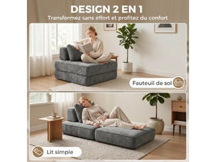 Canapé-lit pliant 2 en 1, chauffeuse 1 place, convertible en chenille, coussin épais, gris, dossier et oreiller