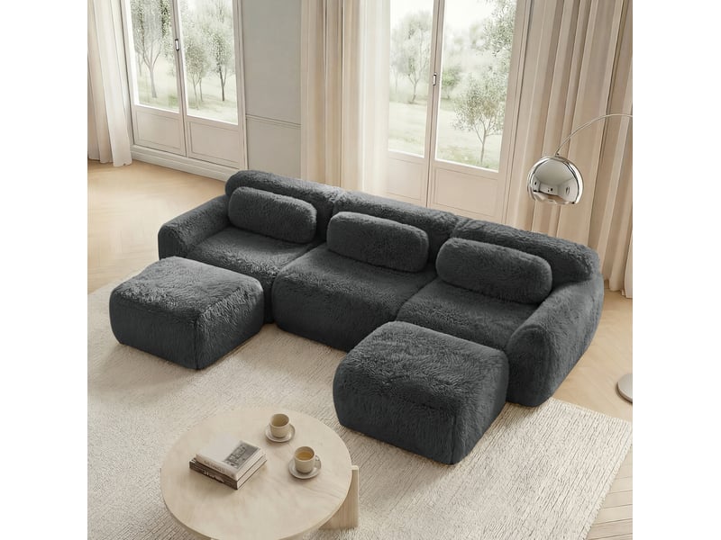 Canapé modulable en u 3 places gris en peluche, avec ottoman et coussins - Conforama D