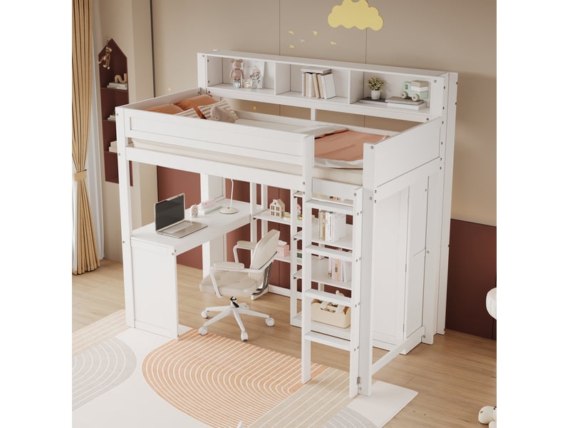 Lit mezzanine enfant 90x200 cm – blanc – bureau, armoire, étagères et échelle à 4 marches intégrés – sans matelas - Conforama B