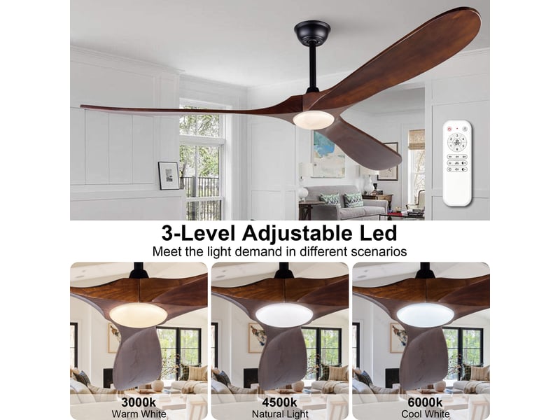  Ventilateur de plafond 70 pouces avec éclairage led dimmable, télécommande, 3 pales en bois massif, 6 vitesses, moteur dc silencieux  - Conforama C