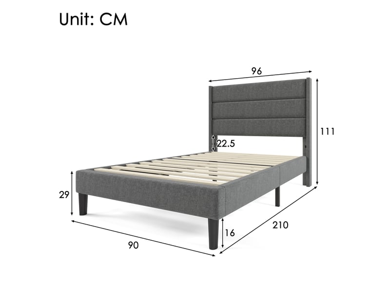  Modenvie lit rembourré 90x200 cm - tête de lit capitonnée, sommier et matelas inclus - gris foncé  - Conforama C