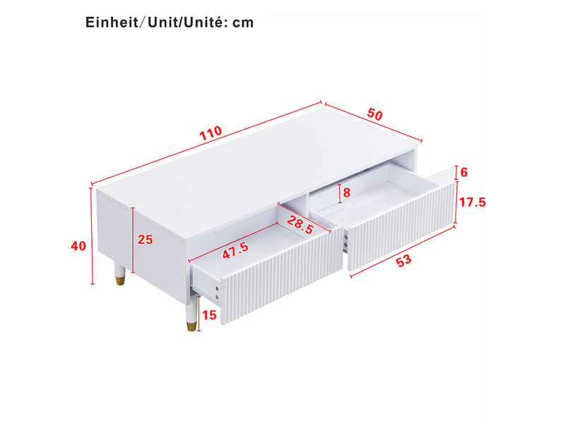  Table basse led 110 x 50 x 40 cm, 2 tiroirs, éclairage bluetooth, blanche  - Conforama C