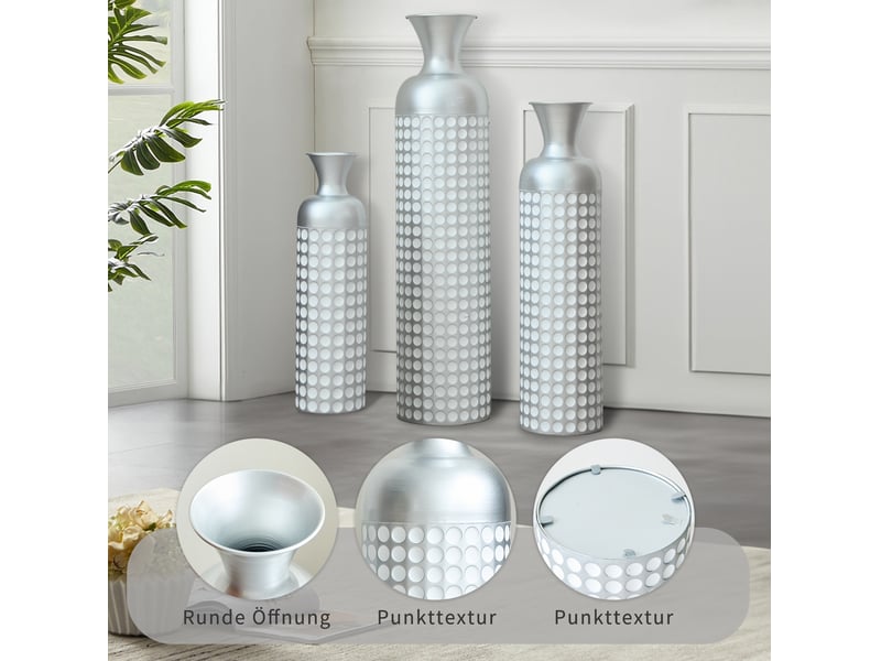  Lot de 3 vases de sol en métal argenté à motif points, hauteurs 49,5 à 84 cm  - Conforama B