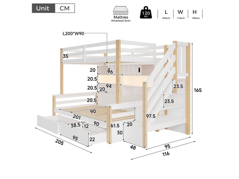 Lit superposé en bois massif 90x200+90x200 cm, bandeau led, ports usb, échelle de rangement, portes coulissantes, blanc + naturel - Conforama C