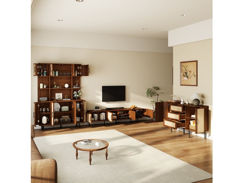  Meuble de rangement avec meuble tv, buffet et colonne, portes et tiroirs, en mdf noyer, pour salon et salle à manger  - Conforama C