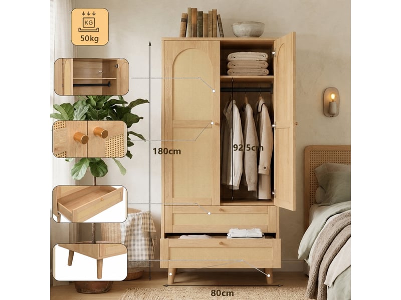 Armoire penderie aspect bois naturel, effet rotin, 2 tiroirs, 80 x 50 x 180 cm - Conforama D