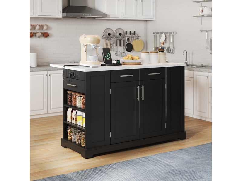 Desserte de cuisine avec plateau rabattable, prises et rangement coulissant pour déchets, en mdf noir, 138 × 86 × 92 cm - Conforama C