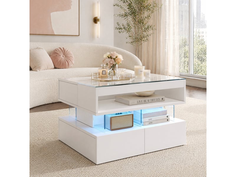  Table basse relevable 70x67x57 cm avec led 16 couleurs et rangements, blanche  - Conforama D