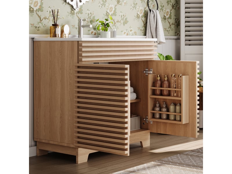  Meuble vasque de salle de bain 91x46x80cm en céramique et mdf avec rangement naturel chicfurn  - Conforama E